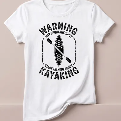 Vintage distressed shirt with humorous warning about talking kayaking — printed on a women's shirt