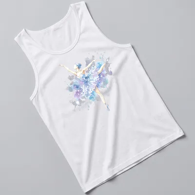 Watercolor print of a ballerina dancing in snowflakes, featuring blue, purple, white, and gray. — printed on a tank top