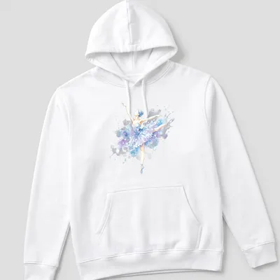 Watercolor print of a ballerina dancing in snowflakes, featuring blue, purple, white, and gray. — printed on a unisex hoodie