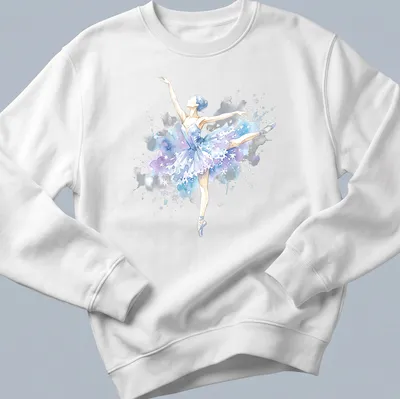 Watercolor print of a ballerina dancing in snowflakes, featuring blue, purple, white, and gray. — printed on a unisex sweatshirt
