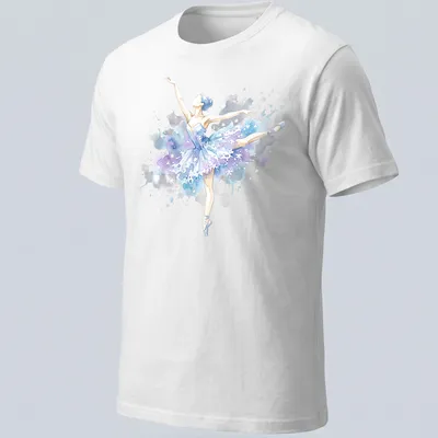 Watercolor print of a ballerina dancing in snowflakes, featuring blue, purple, white, and gray.