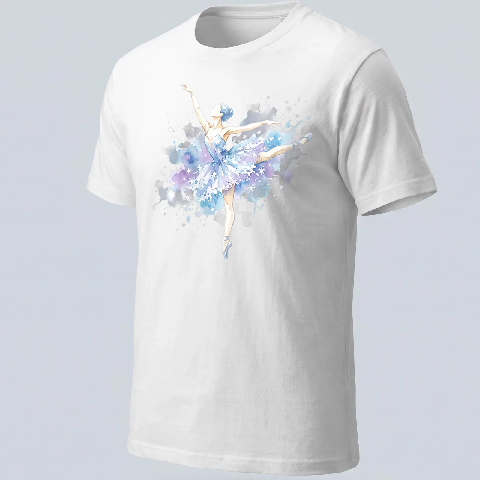 Watercolor print of a ballerina dancing in snowflakes, featuring blue, purple, white, and gray. — printed on a unisex t-shirt