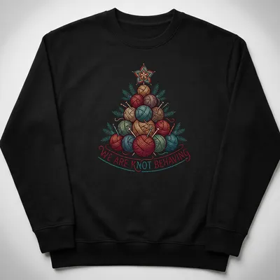 Illustrated yarn Christmas tree with the text 'We Are Knot Behaving' in festive colors — printed on a unisex sweatshirt