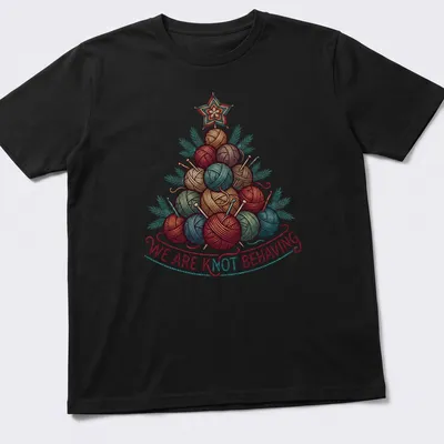 Illustrated yarn Christmas tree with the text 'We Are Knot Behaving' in festive colors