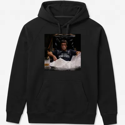 Dramatic illustration of Scarface with WE ARE PENN STATE text in black, white, and gold — printed on a unisex hoodie