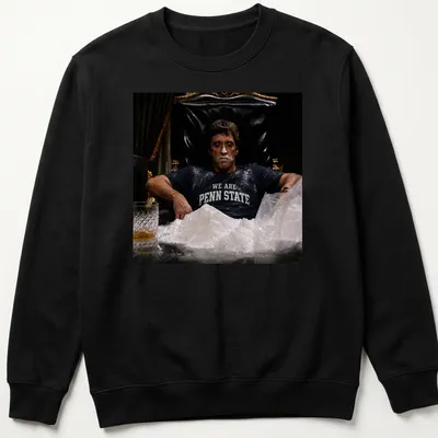 Dramatic illustration of Scarface with WE ARE PENN STATE text in black, white, and gold — printed on a unisex sweatshirt