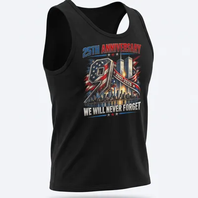 Vintage patriotic t-shirt featuring Twin Towers and skyline with remembrance text — printed on a tank top