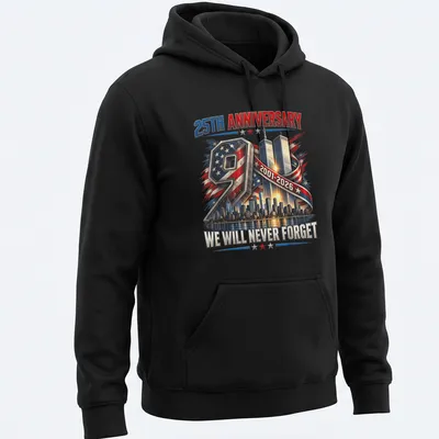 Vintage patriotic t-shirt featuring Twin Towers and skyline with remembrance text — printed on a unisex hoodie