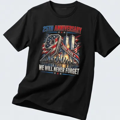 Vintage patriotic t-shirt featuring Twin Towers and skyline with remembrance text — printed on a unisex t-shirt