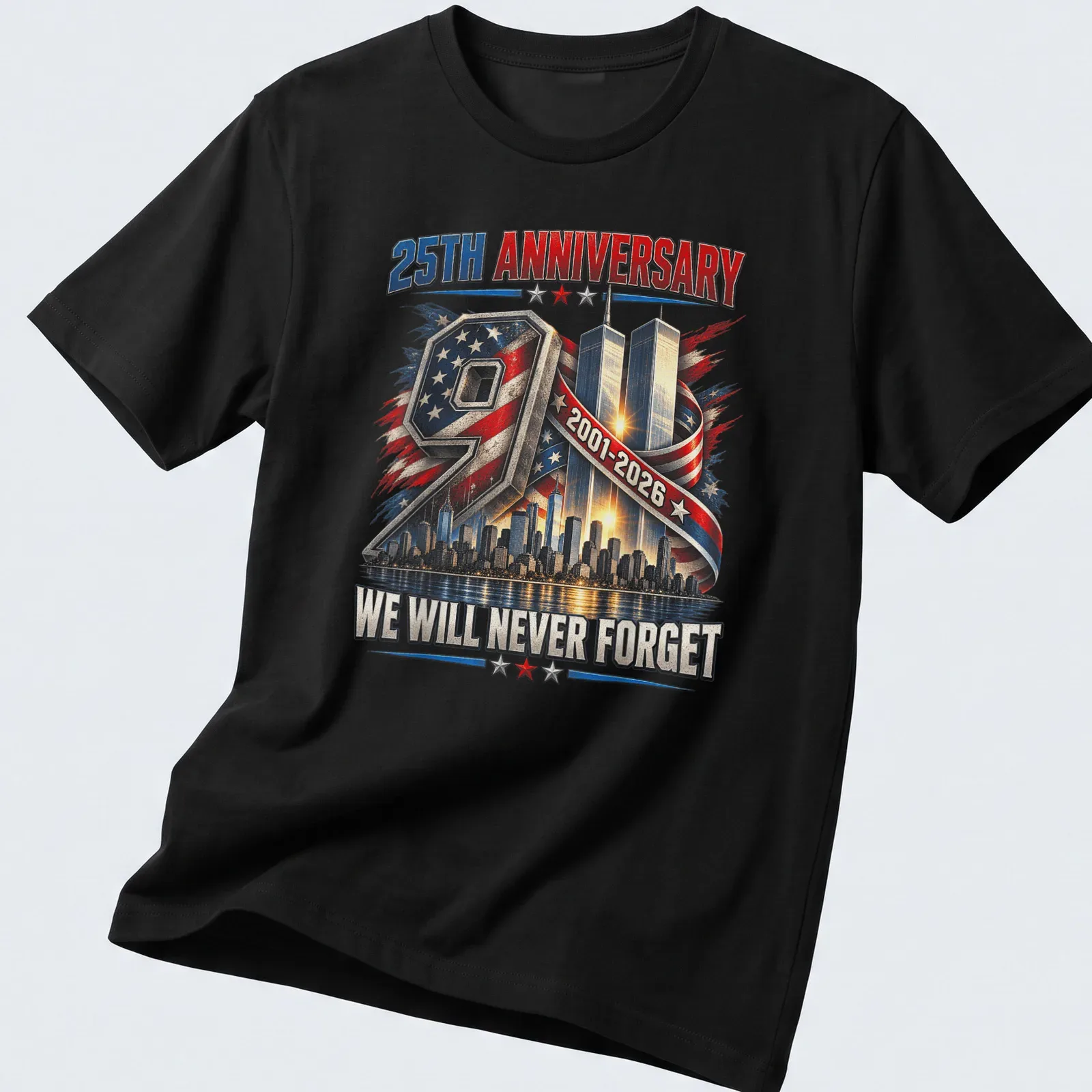 Vintage patriotic t-shirt featuring Twin Towers and skyline with remembrance text — printed on a unisex t-shirt