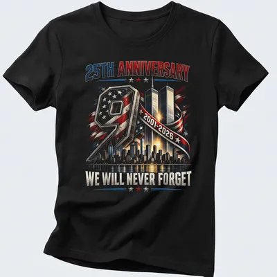 Vintage patriotic t-shirt featuring Twin Towers and skyline with remembrance text — printed on a women's shirt