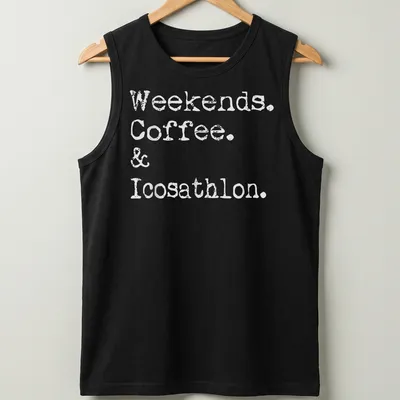 Funny multi-event athlete t-shirt with white printed text on a solid background — printed on a tank top