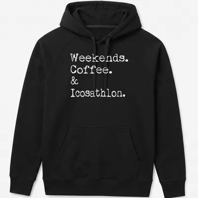 Funny multi-event athlete t-shirt with white printed text on a solid background — printed on a unisex hoodie