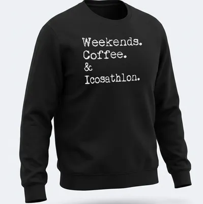 Funny multi-event athlete t-shirt with white printed text on a solid background — printed on a unisex sweatshirt