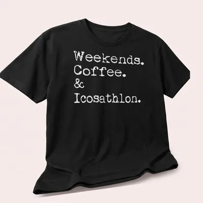 Funny multi-event athlete t-shirt with white printed text on a solid background — printed on a unisex t-shirt (angled view)