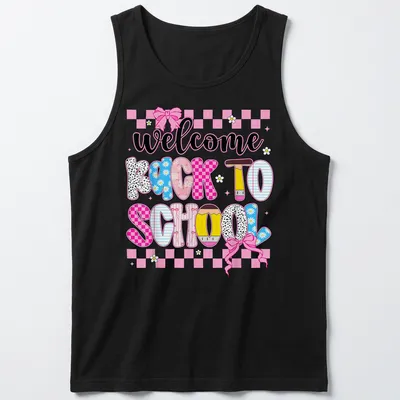 Colorful cartoon pencils with 'welcome back to school' text on a — printed on a tank top