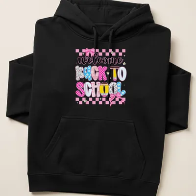 Colorful cartoon pencils with 'welcome back to school' text on a — printed on a unisex hoodie