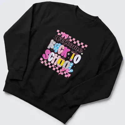 Colorful cartoon pencils with 'welcome back to school' text on a — printed on a unisex sweatshirt