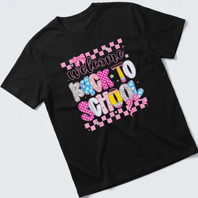 Colorful cartoon pencils with 'welcome back to school' text on a t-shirt