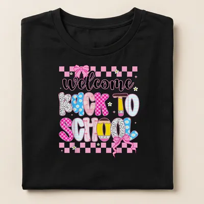 Colorful cartoon pencils with 'welcome back to school' text on a — printed on a women's shirt