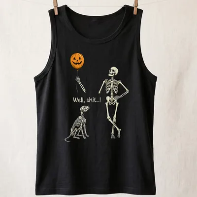 Whimsical skeleton with pumpkin balloon and dog design on — printed on a tank top