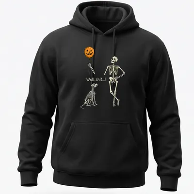 Whimsical skeleton with pumpkin balloon and dog design on — printed on a unisex hoodie