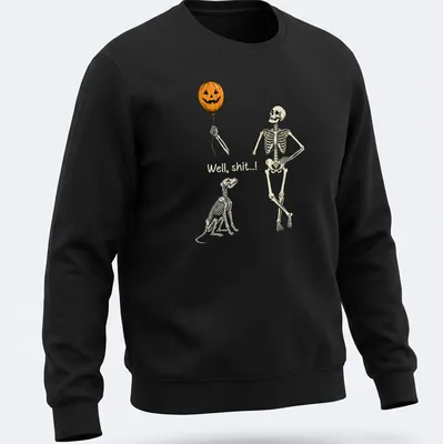 Whimsical skeleton with pumpkin balloon and dog design on — printed on a unisex sweatshirt