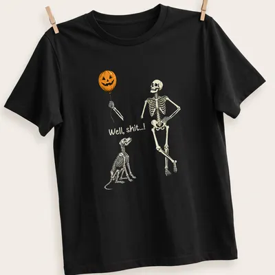 Whimsical skeleton with pumpkin balloon and dog design on — printed on a unisex t-shirt
