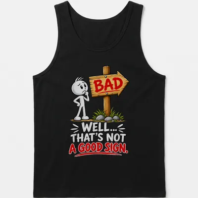 Cartoon character t-shirt with humorous text: Well... That's Not A Good Sign. — printed on a tank top