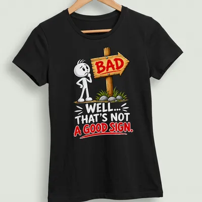 Cartoon character t-shirt with humorous text: Well... That's Not A Good Sign. — printed on a women's shirt