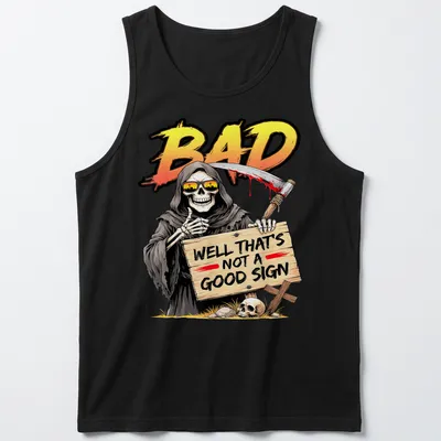 Cartoon Grim Reaper holding a skull with colorful text above — printed on a tank top