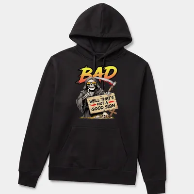 Cartoon Grim Reaper holding a skull with colorful text above — printed on a unisex hoodie