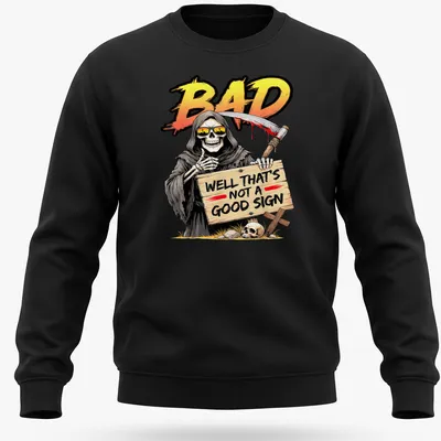 Cartoon Grim Reaper holding a skull with colorful text above — printed on a unisex sweatshirt