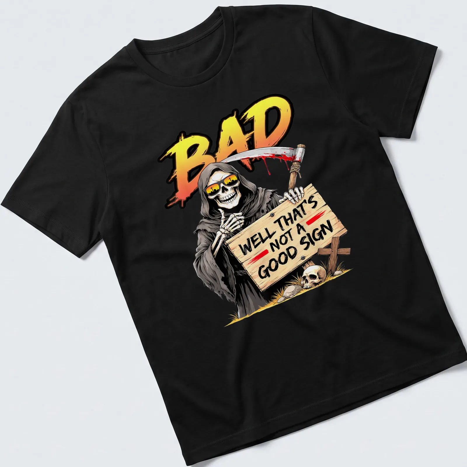 Cartoon Grim Reaper holding a skull with colorful text above — printed on a unisex t-shirt
