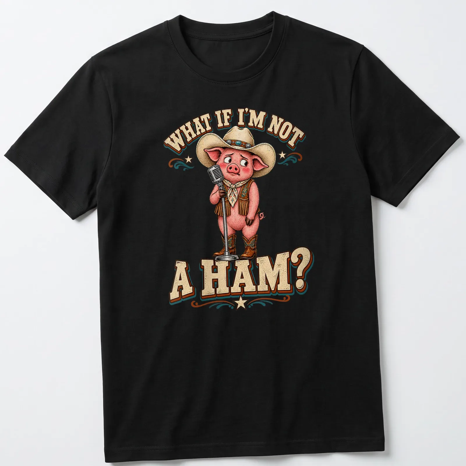 Cartoon cowboy pig with humorous question about being a ham — printed on a unisex t-shirt