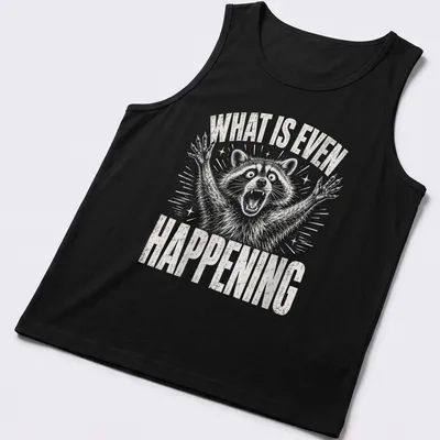 Vintage distressed t-shirt featuring a confused raccoon with the text 'WHAT IS EVEN HAPPENING' — printed on a tank top