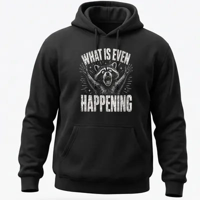 Vintage distressed t-shirt featuring a confused raccoon with the text 'WHAT IS EVEN HAPPENING' — printed on a unisex hoodie
