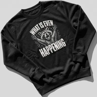 Vintage distressed t-shirt featuring a confused raccoon with the text 'WHAT IS EVEN HAPPENING' — printed on a unisex sweatshirt