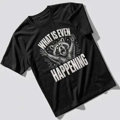 Vintage distressed t-shirt featuring a confused raccoon with the text 'WHAT IS EVEN HAPPENING'