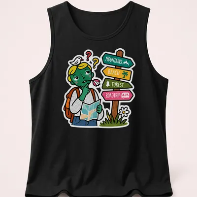 Colorful cartoon of a confused traveler with a road sign and vibrant colors — printed on a tank top