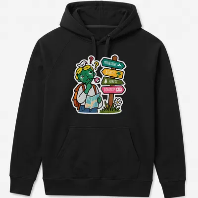 Colorful cartoon of a confused traveler with a road sign and vibrant colors — printed on a unisex hoodie