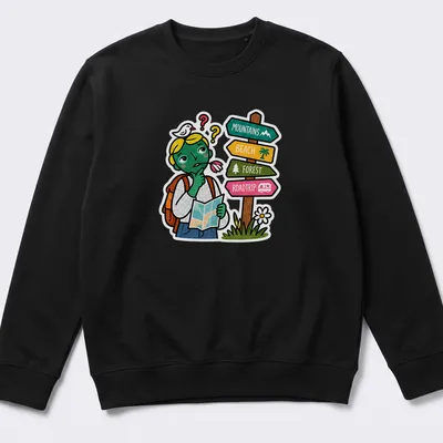 Colorful cartoon of a confused traveler with a road sign and vibrant colors — printed on a unisex sweatshirt