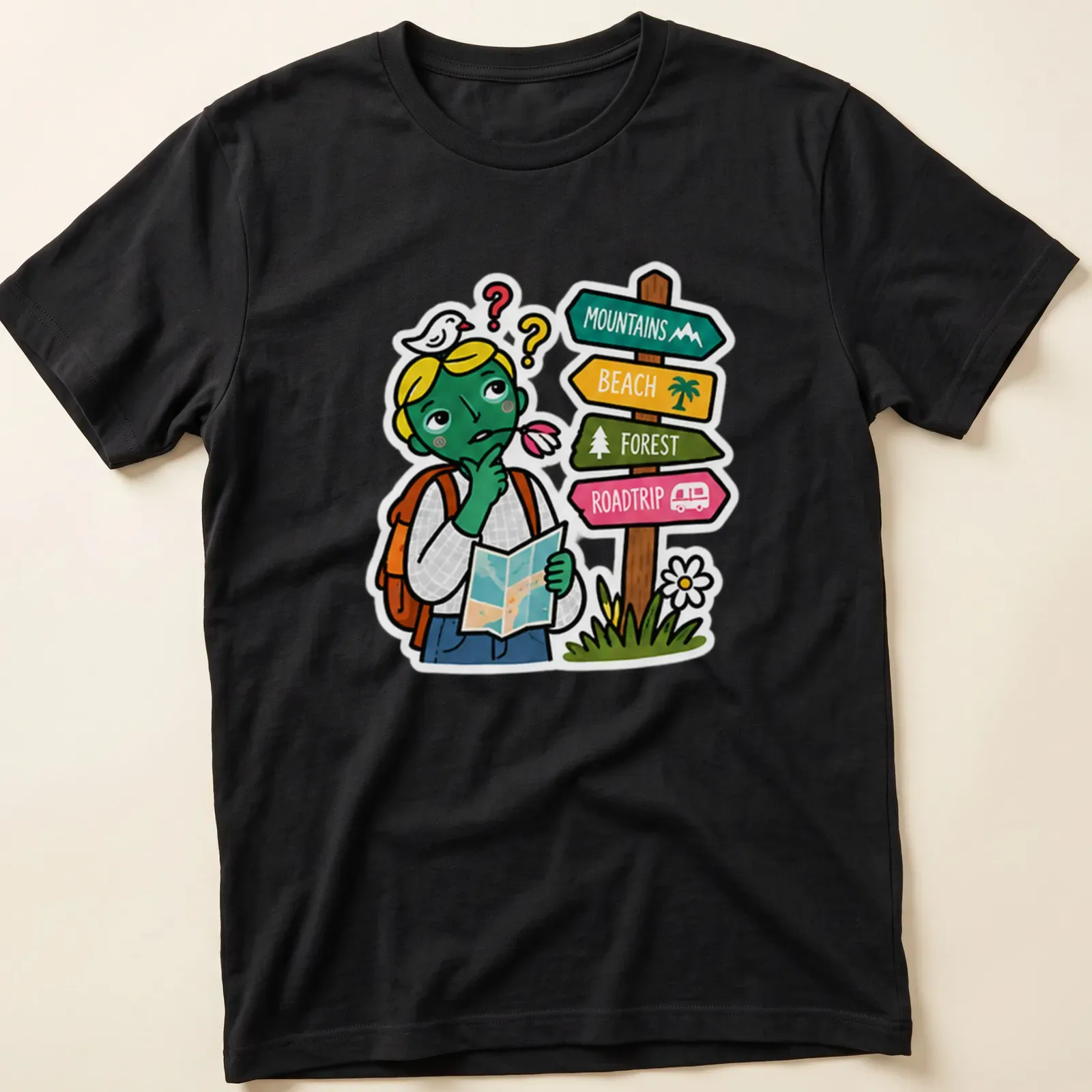 Colorful cartoon of a confused traveler with a road sign and vibrant colors — printed on a unisex t-shirt