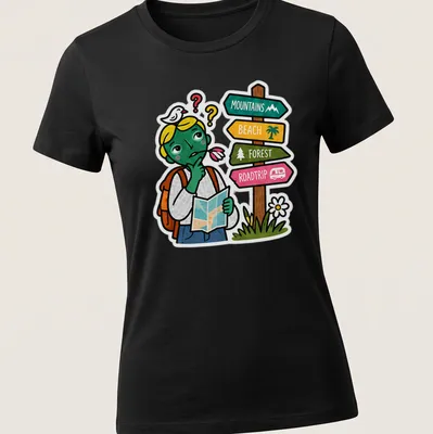 Colorful cartoon of a confused traveler with a road sign and vibrant colors — printed on a women's shirt