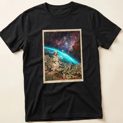 Vintage surrealism Ragdoll cat baker t-shirt with cosmic elements and vibrant colors