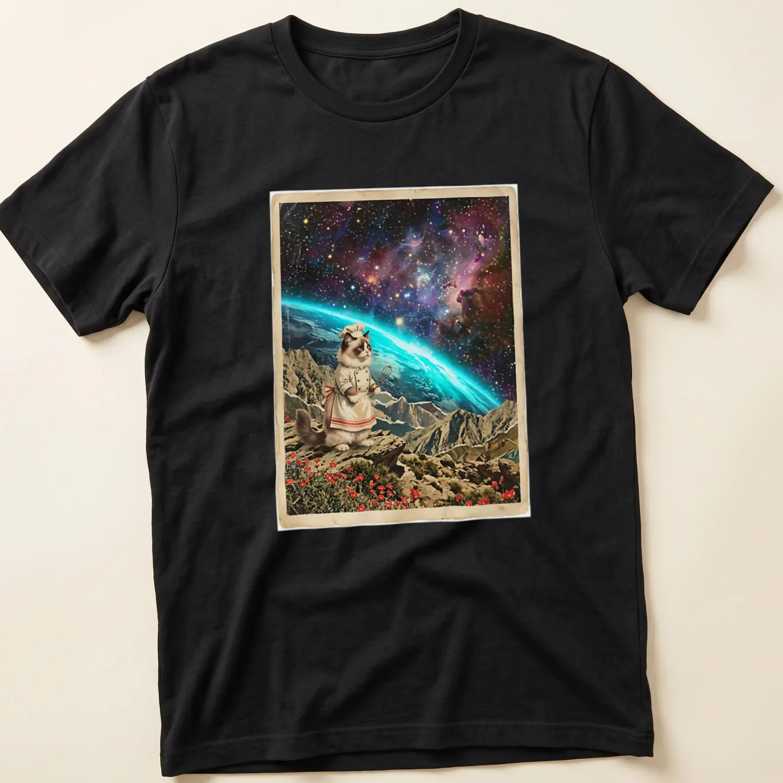 Vintage surrealism Ragdoll cat baker t-shirt with cosmic elements and vibrant colors — printed on a unisex t-shirt