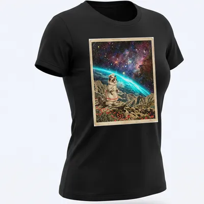 Vintage surrealism Ragdoll cat baker t-shirt with cosmic elements and vibrant colors — printed on a women's shirt