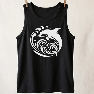 Tribal dolphin design with white typography on a blue background — printed on a tank top