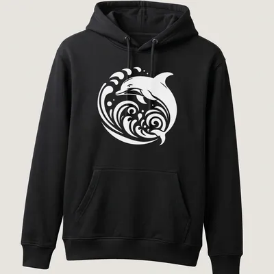 Tribal dolphin design with white typography on a blue background — printed on a unisex hoodie