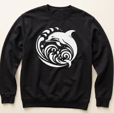 Tribal dolphin design with white typography on a blue background — printed on a unisex sweatshirt